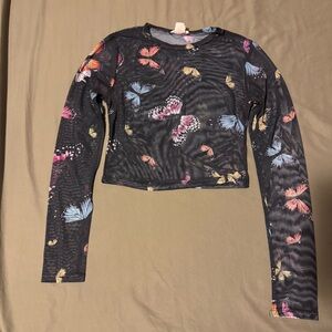 Women’s Small Multicolor Butterfly Pattern Mesh Top